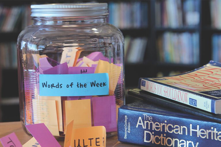 vocabulary words in a glass jar